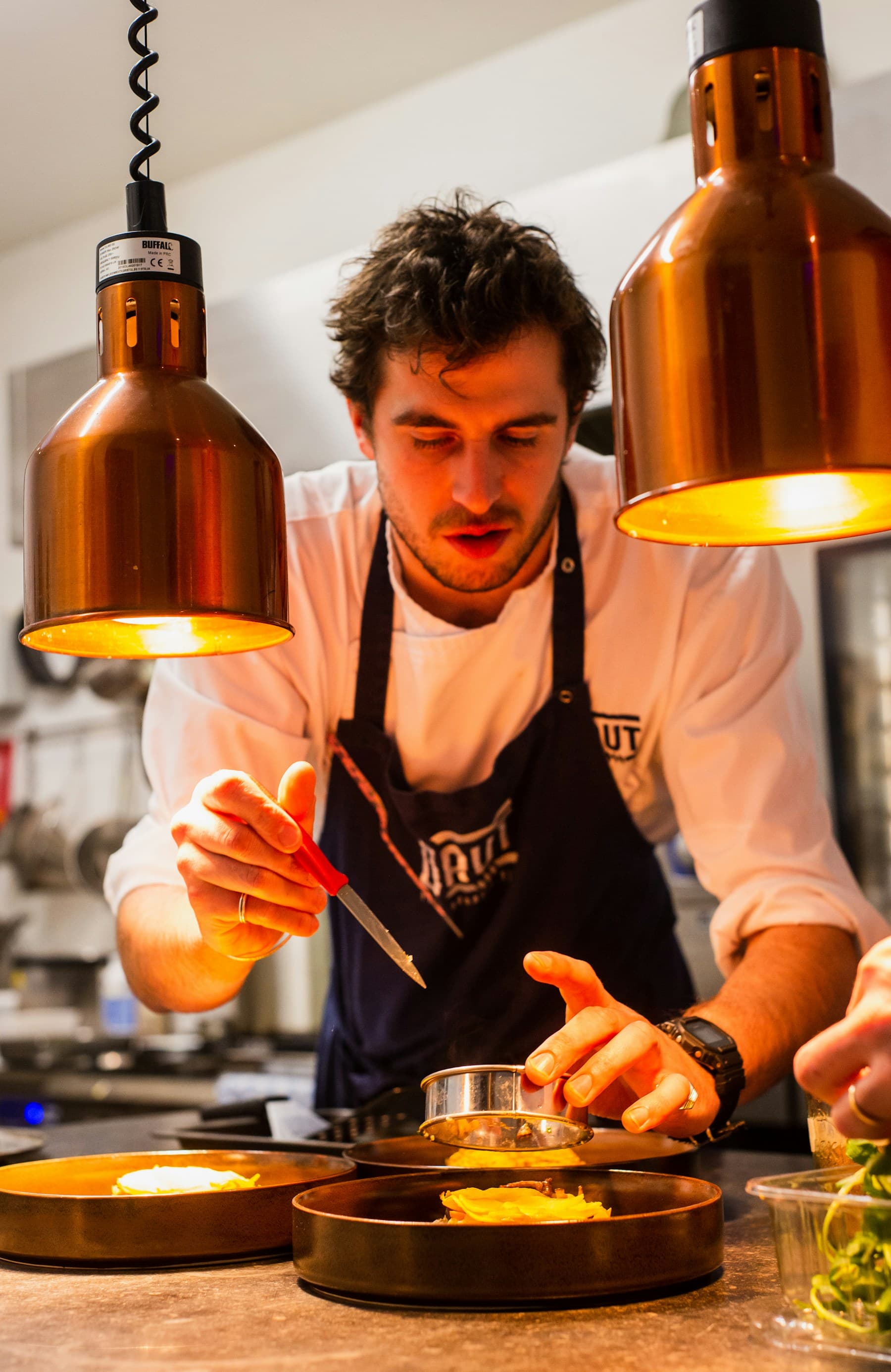 Chef plating dishes in a professional restaurant kitchen
